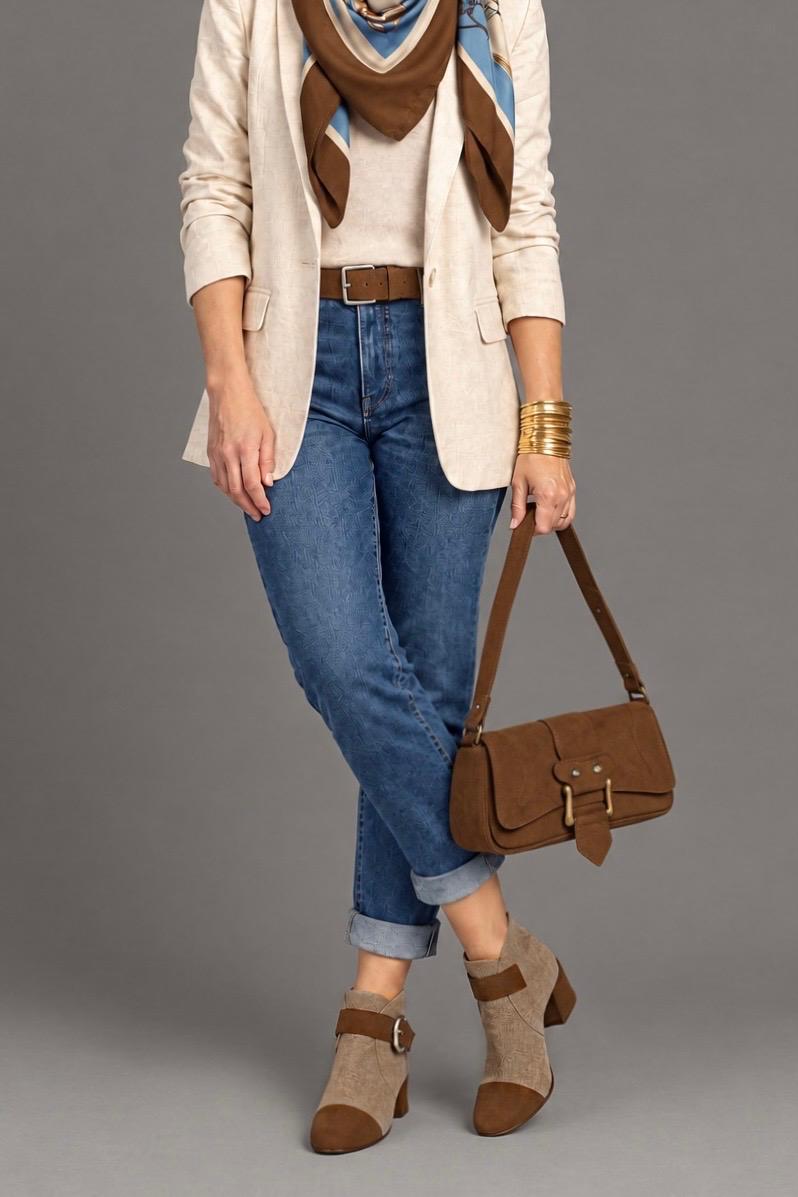 Women's cognac front-buckle ankle boots with round toe and low flared heel - Top view